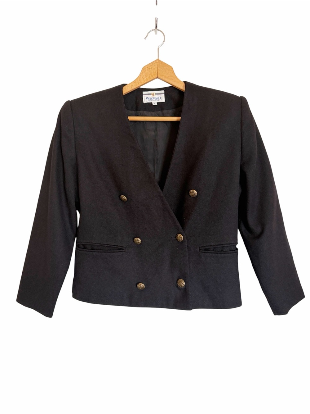 Vintage Woodward Black Cropped Double Breasted Wool Blazer Jacket size 4 Petite